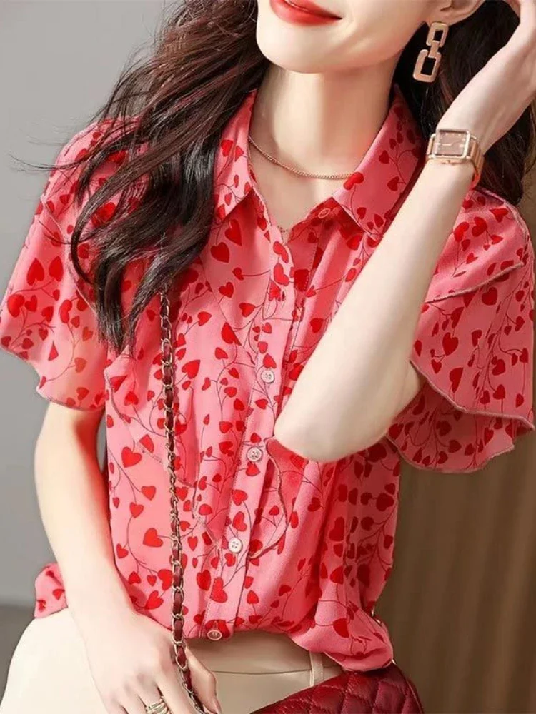 Shirt Women Ruffles Fashion Print Minimalist Vintage All-match Leisure Female M-4XL Cozy Tender Korean Style Temperament Summer