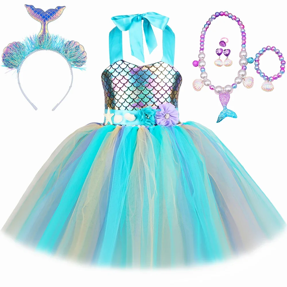 Girls Mermaid Costume Fish Scale Flowers Little Mermaid Princess Tutu Dress Up Clothes Kids Halloween Birthday Party Dresses Set