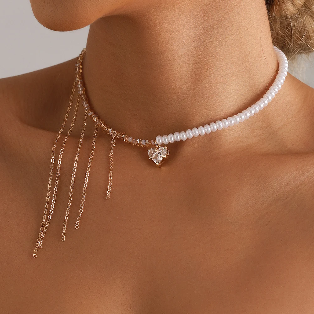 Vintage Cubic Zirconia Crystal Heart Pendant Geometric Crystal Imitation & Pearl Chain Necklace for Women Choker Jewelry N0499