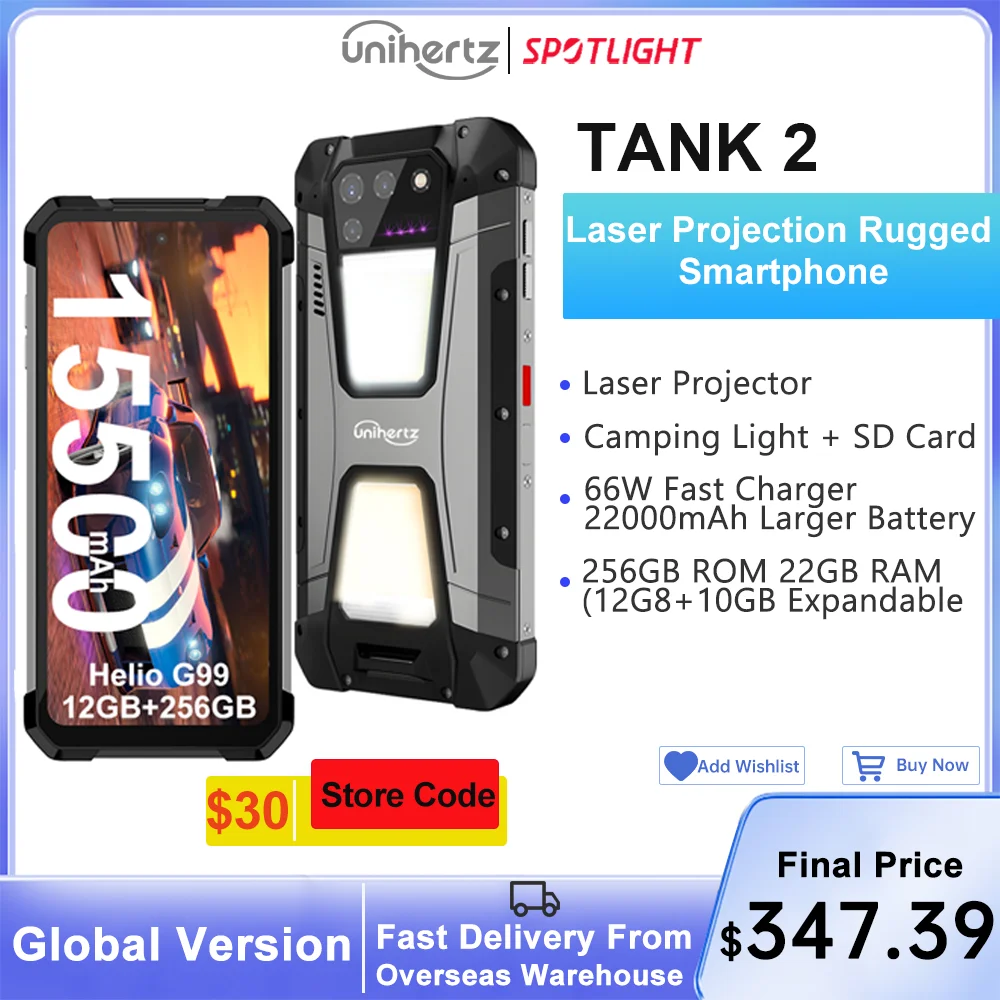 Unihertz 8849 tank 2 projecteur alimenté smartphone 22GB 256GB camping lumière téléphones portables 108mp G99 64MP vision nocturne téléphones mobiles