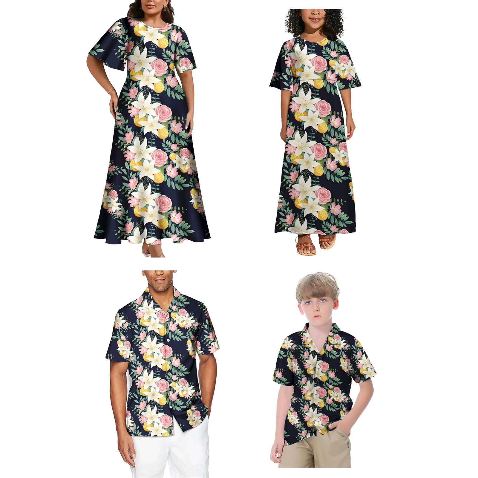 High Quality Fashion Polynesian Tribal Matching Set For Family Samoan Family Outfits Women'S Dress And Men'S Shirts Family Set