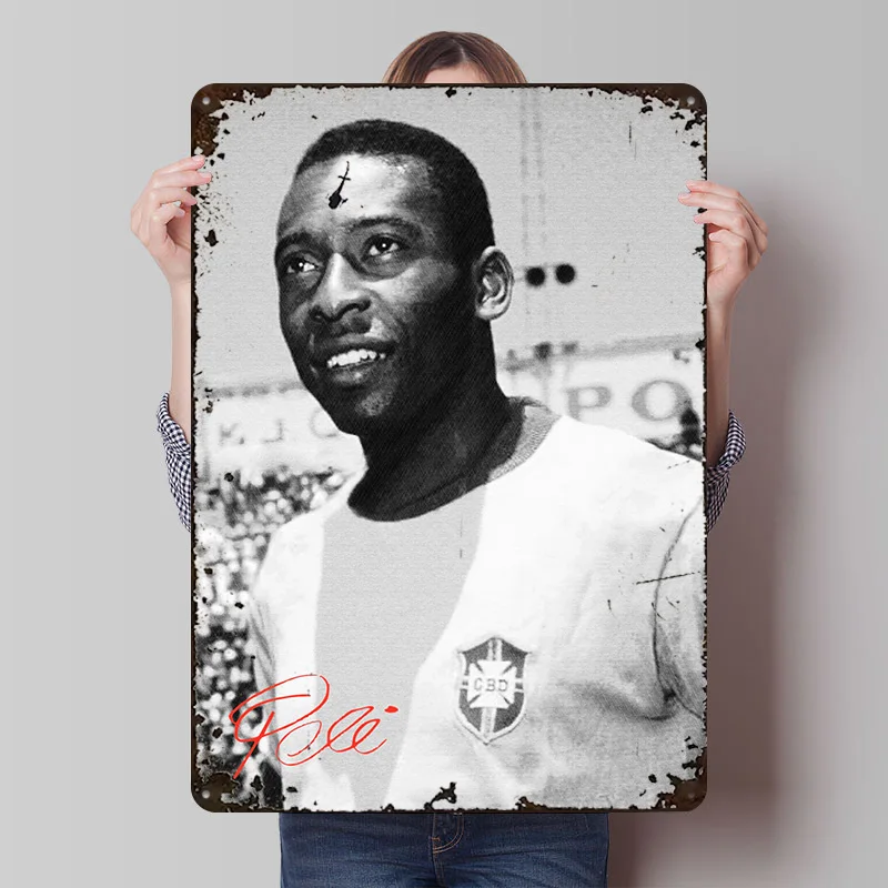 Pelé in Brazil Jersey Printed Poster Customized Wall Art Retro Vintage Metal Tin Signs for Bar Accessories Decor Room Wand Deko