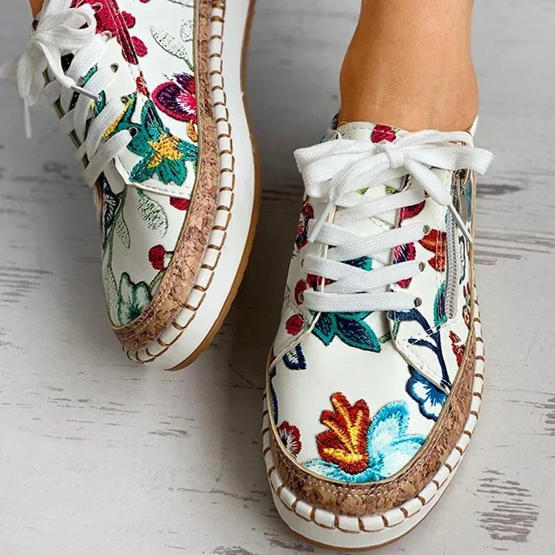 Women Sneakers Elegant Floral Printed Lace Up Female Flat Shoes Fashion Round Toe Lady Vulcanized Shoes Femme Casual Shoes