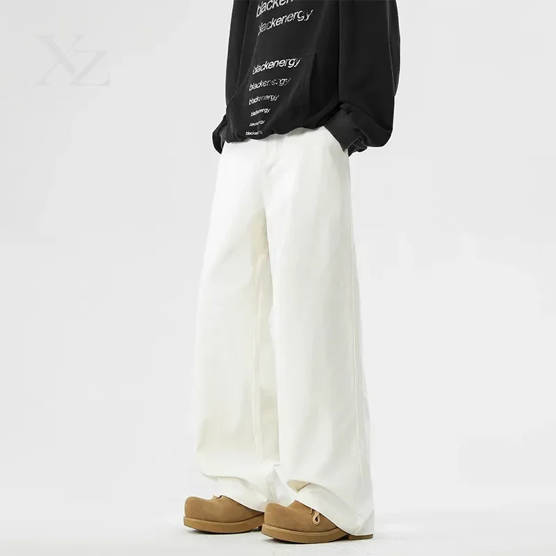 Men's Baggy Straight Jeans 100％ Cotton Comfortable Soft Casual Pants Fashion Korean White Brown Denim Trousers Male Clothing - view 5