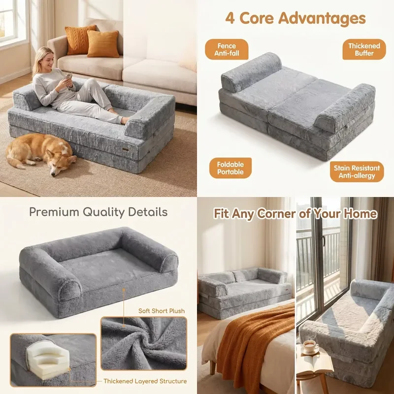 Customized Multi-functional Human Pet Shared Bed Sofa High-density Sponge Indoor Couch with Removable Washable Cover