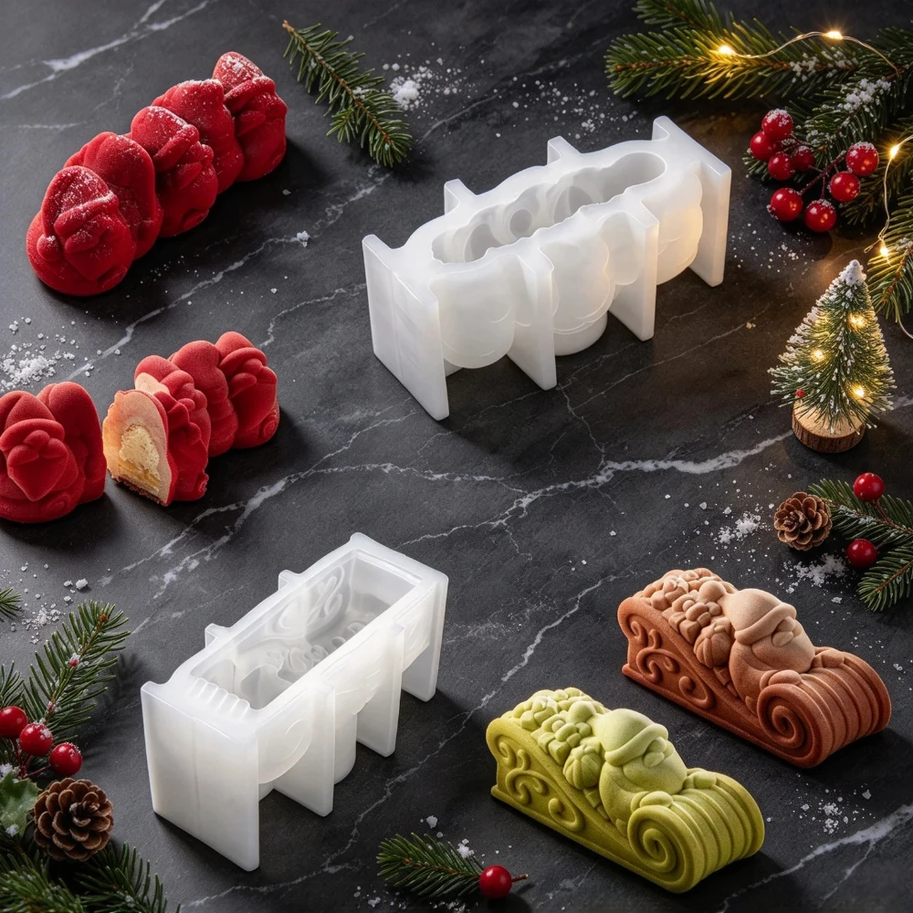 Christmas Dessert Silicone Mold Santa Claus Sled or Row Santa Claus Design Chocolate Mousse Cake Jelly Pudding Making Tool
