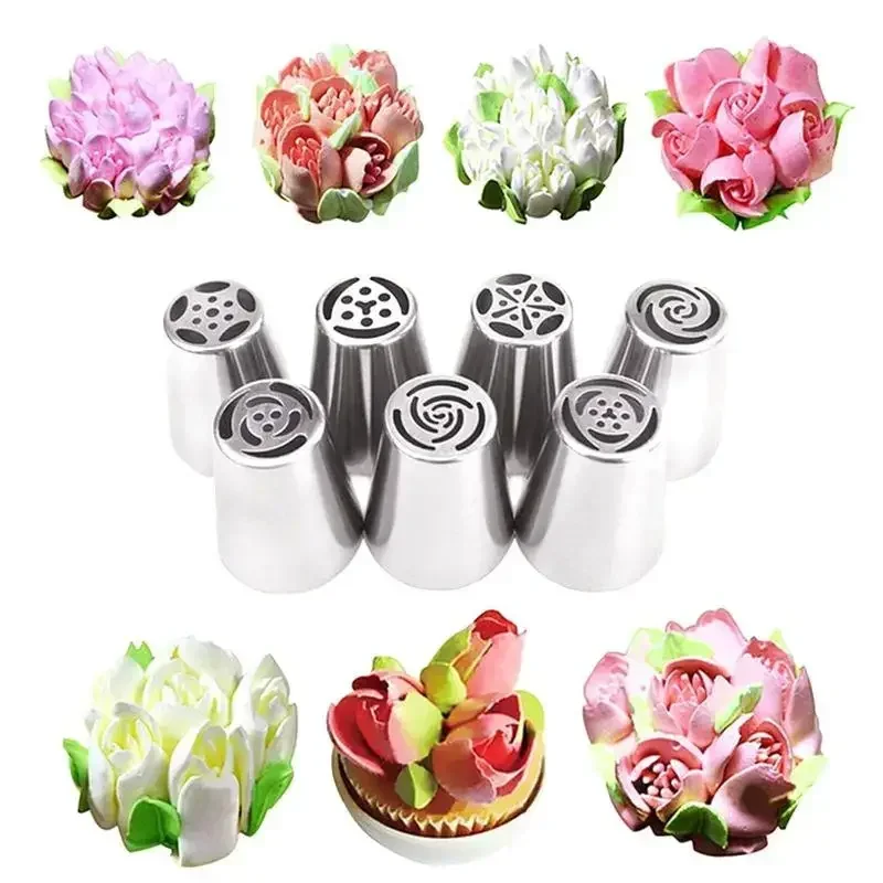 7Pcs/set Russian Style Tulip Icing Piping Nozzles Stainless Steel Flower Cream Pastry Tip Kitchen Cupcake Cake Decorating Tools