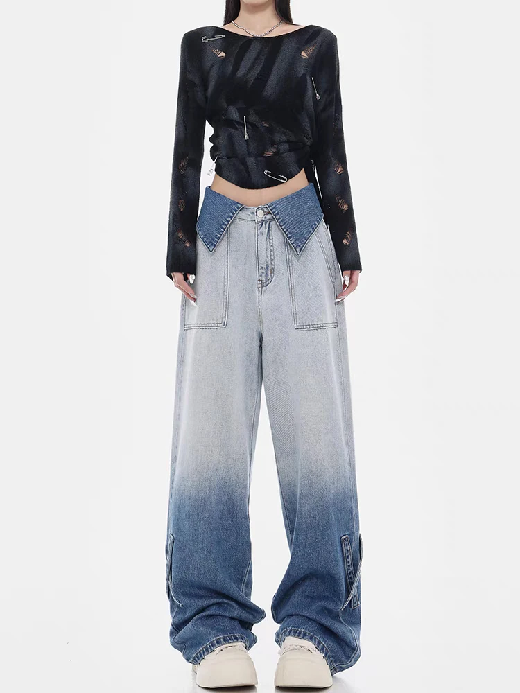 Gradient Blue Washed Baggy Jeans Women Y2k Vintage Casual Wide Leg Pants Korean Streetwear Straight Trousers Chic Design Sense