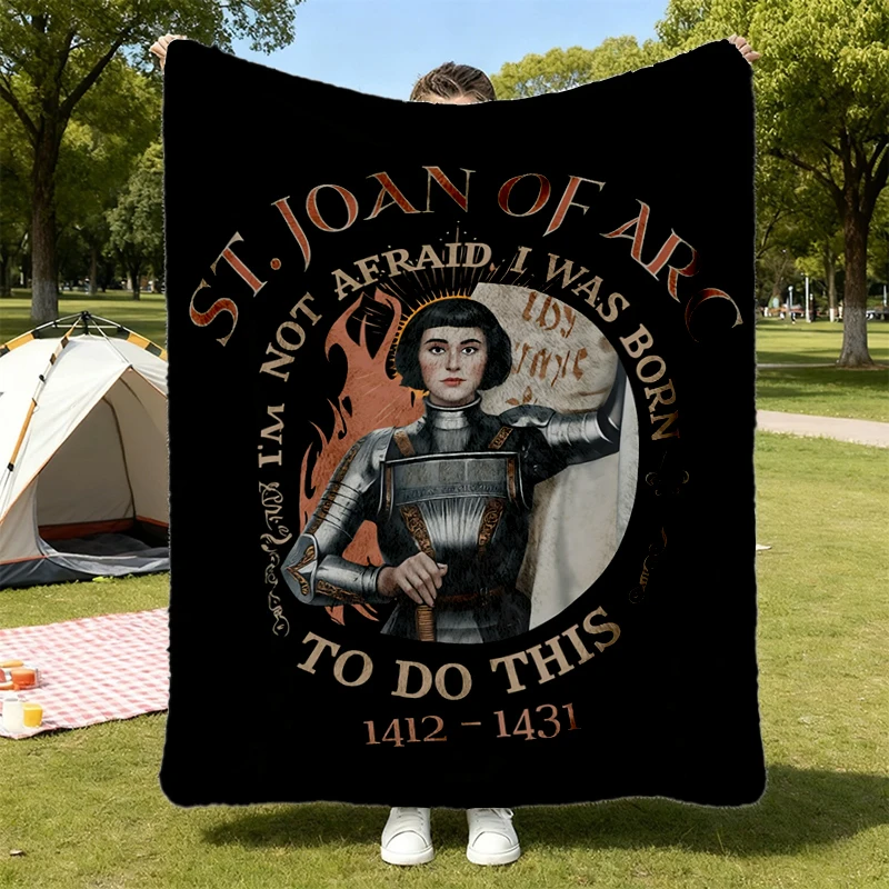 St. Joan of Arc Flannel Blanket Vintage Christian Warrior Graphic Medieval Inspired Renaissance Flannel Throw Empowered