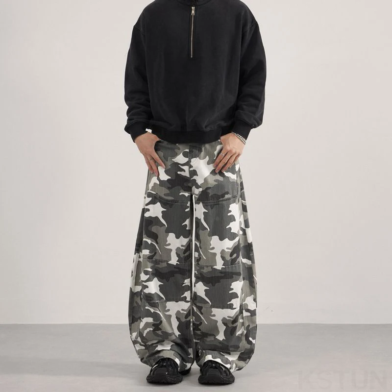 KSTUN مستقيم واسع الساق فضفاض الجينز الرجال السراويل المنحنية السراويل البضائع المموه فضفاض الرجال السراويل غسل الملابس عادية خمر