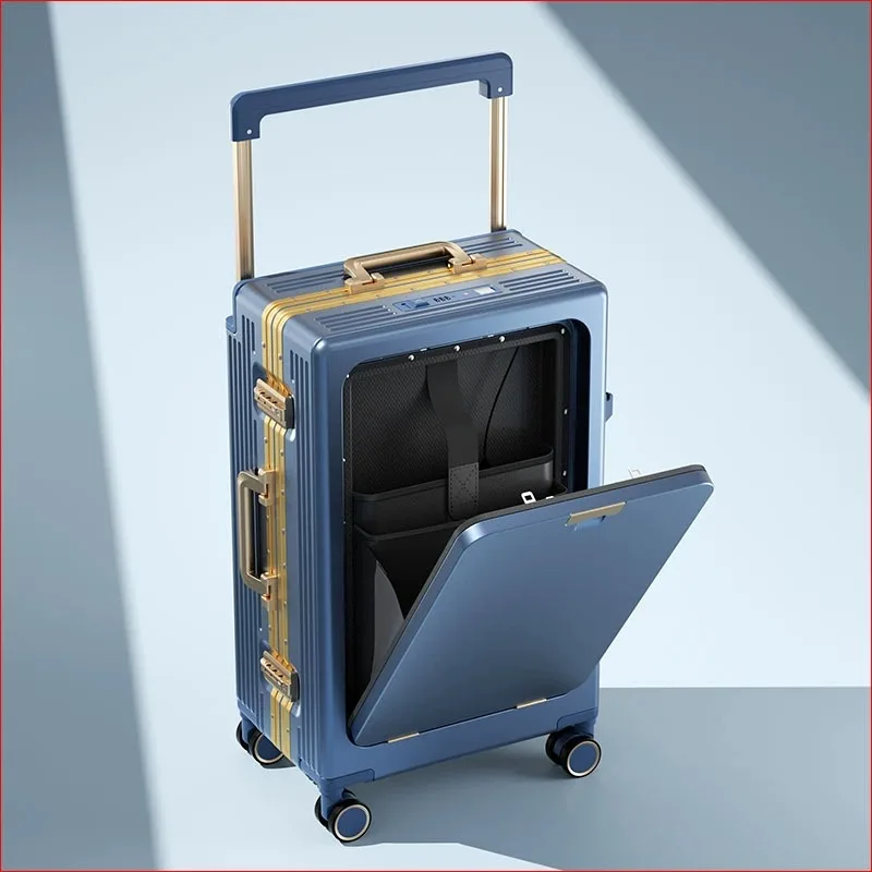 Aluminum Framed Boarding Suitcase of 20‘24’26‘28’ Inch Wide Handle Luggage with Laptop Mesh and USB Charging Front-open Trunk