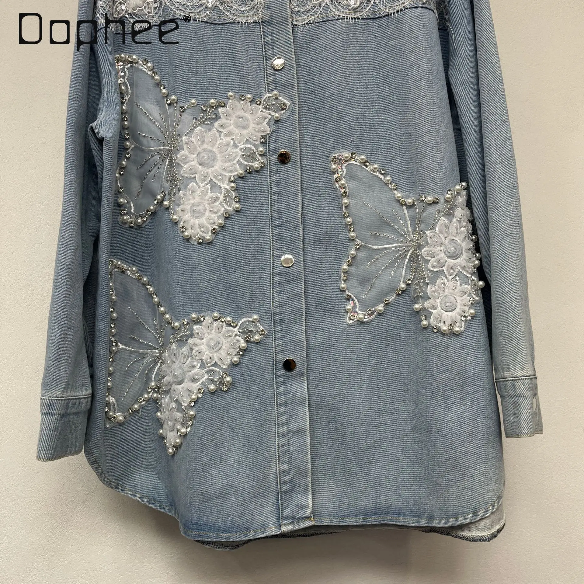2025 Summer New European Station Butterfly Embroidery Lace Rhinestone Lapel Denim Jacket Top Women Fashion Oversized Jean Jacket