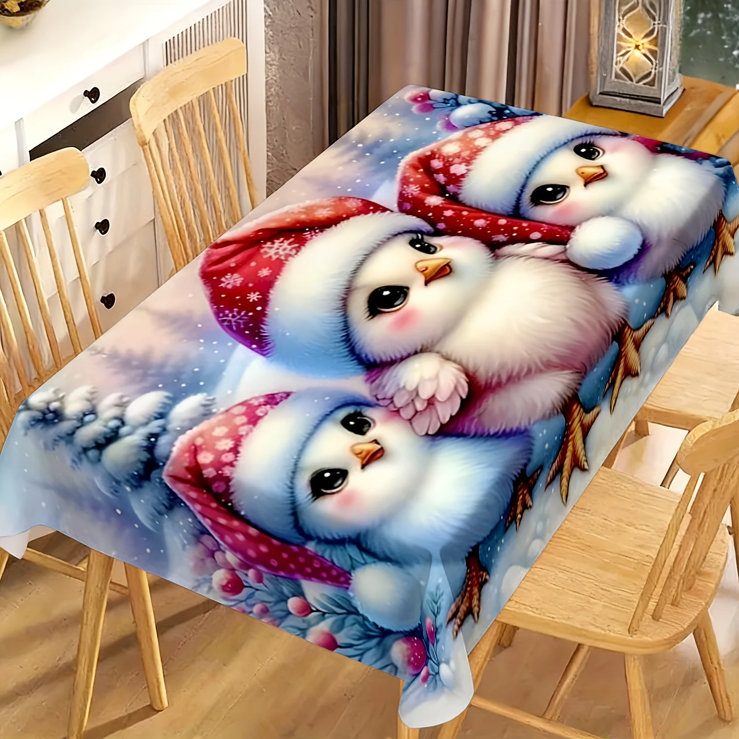 1pc 2D Flat TableclothThree Cute Chicks with Santa Hats Winter Snow Scene Red Berries Pine Branches Printed Rectangle Tablecloth