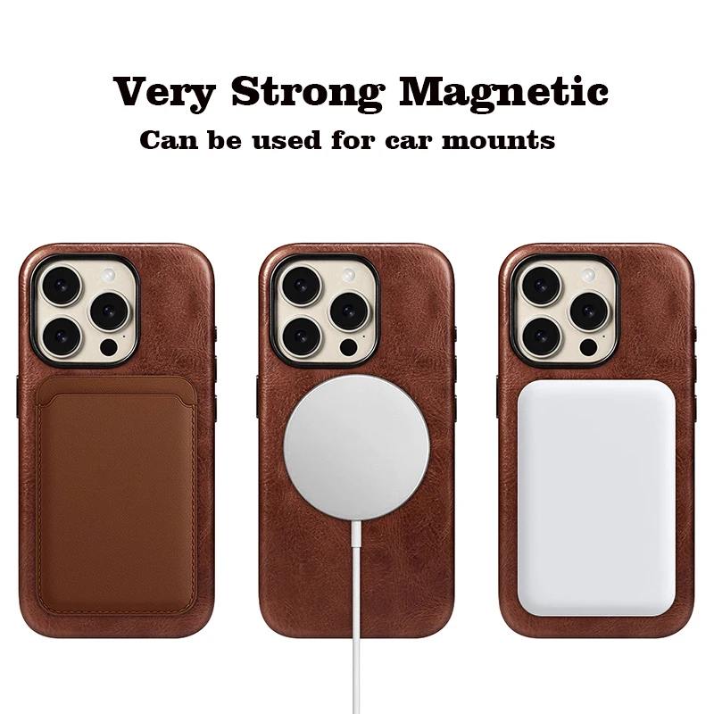 Genuine Leather Case for iPhone 15 Pro Vintage Real Skin Luxury Phone Back Cover for iPhone 15 Pro Business Men Dark Brown