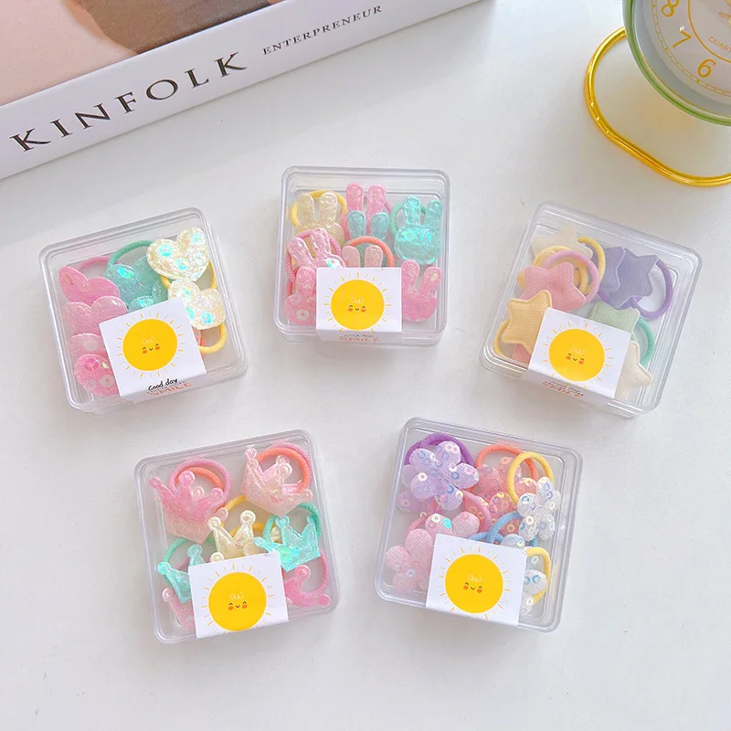 10 Pcs/Box New Baby Girls Cute Sequin Flower Heart Crown Elastic Rubber Hair Bands Children Mini Hair Ties Kids Hair Accessories