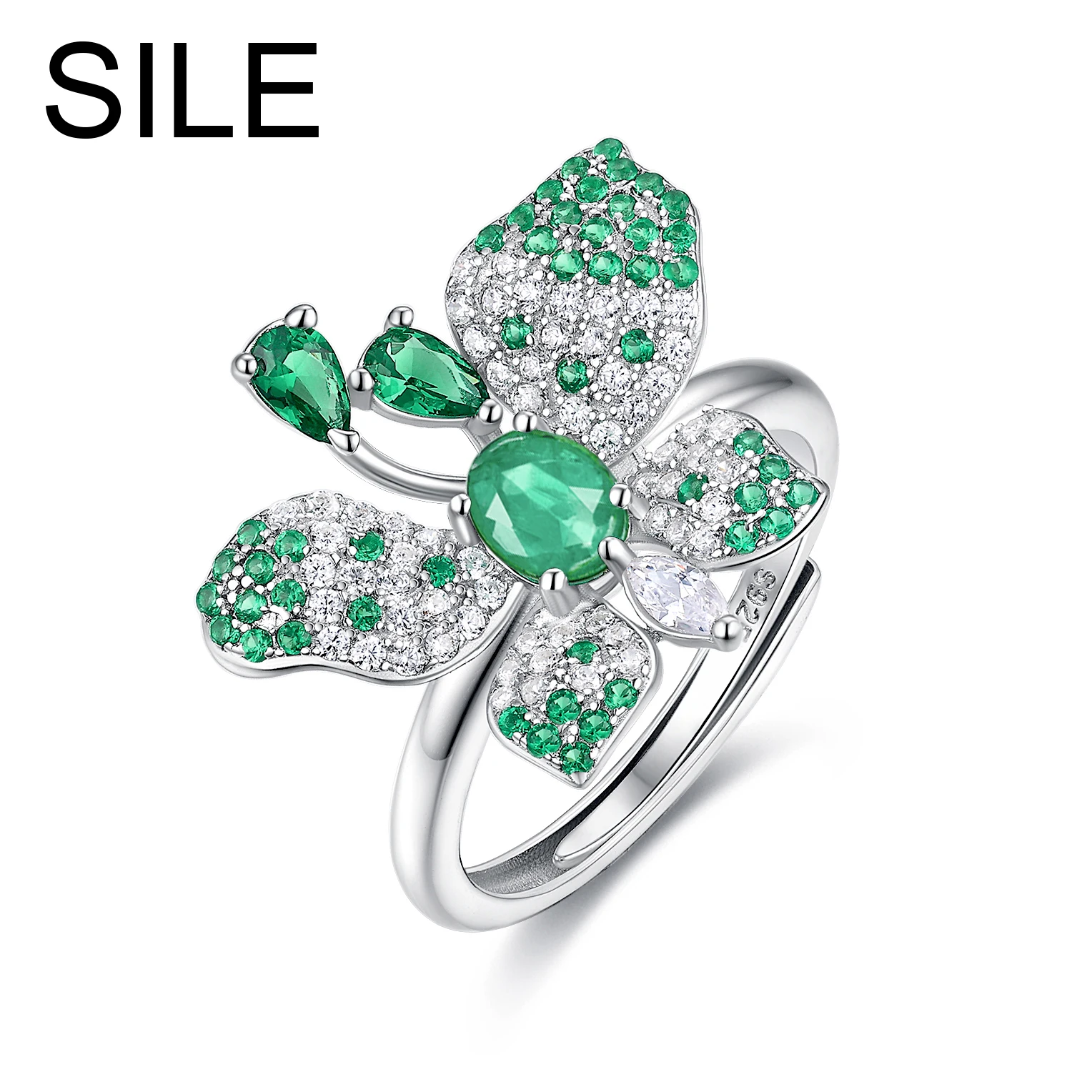 

SILE Adjustable 925 Sterling Silver Butterfly Natural Gemstone Emerald CZ Rings Women Luxury Jewelry Wedding Party Dating Ring