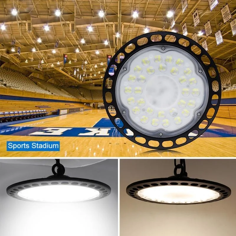 UFO LED High Bay Light 100W 150W 200W Industrial High Lumen No Fan Garage High Bay Shop Light 4000K-6500K