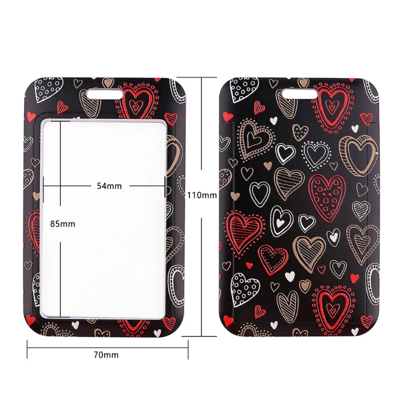 1set ID Name Badge Holder with Cellphone Hanging Rope Hearts Pattern Work Pass Card Sleeve with Polyester Lanyard Neck Strap