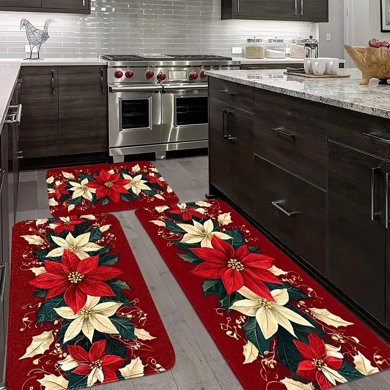 VIKAMA Christmas Kitchen Rugs 2‑Pack Non‑Slip Washable Floor Mats Xmas Poinsettia Floral Holiday Kitchen Runner Mat