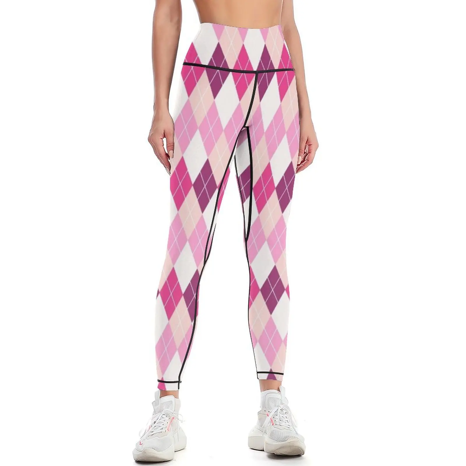 Pink and White Argyle Pattern Leggings sports tennis for sporty woman push up Womens Leggings