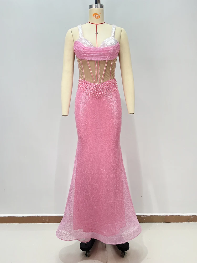 VC romantique rose paillettes et perles à bretelles maille transparente robe sirène à bretelles pour rendez-vous nuit robe Galas