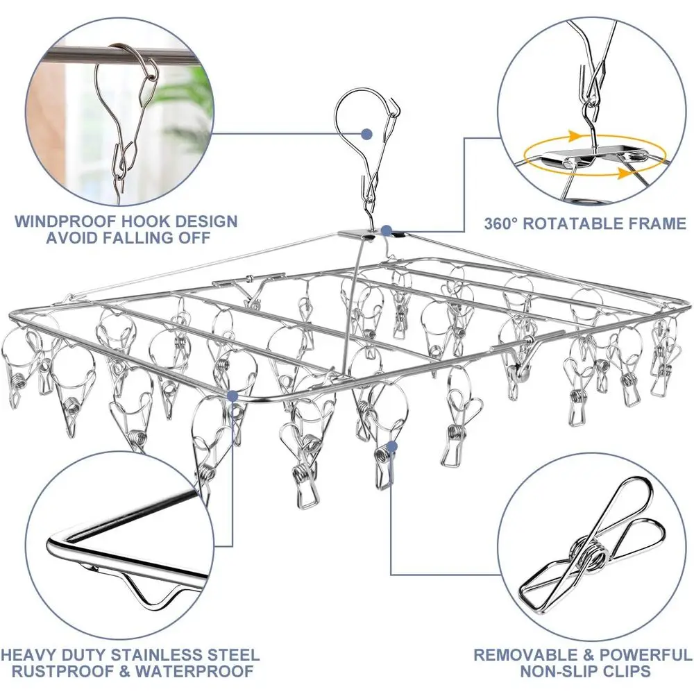 Stainless Steel 52-Clip Laundry Drying Rack for Socks, Underwear, Clothes, Towels, Bras, Lingerie, and Baby Clothes
