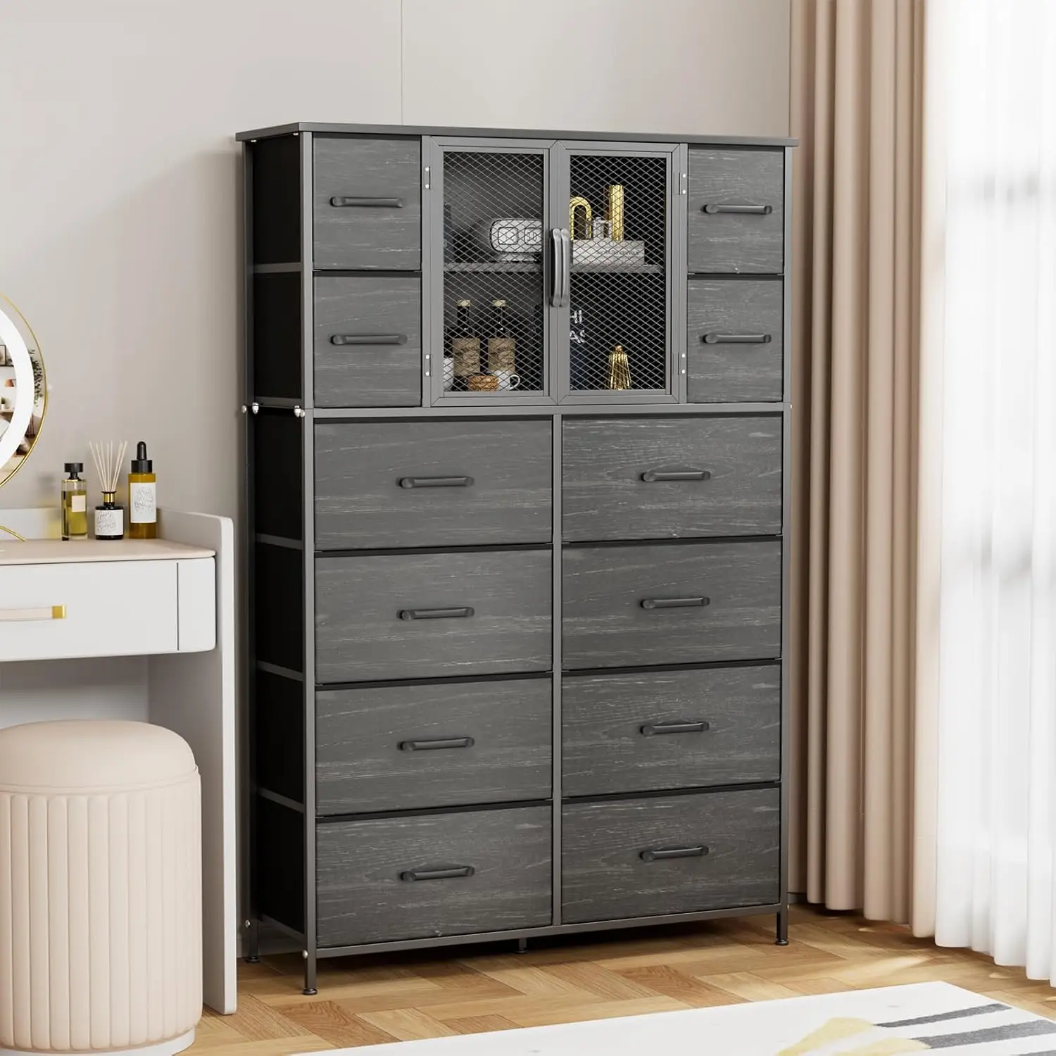 Arlopu 56.7' Tall Dresser For Bedroom, Dresser Chests Of Drawers With 12 Storage Drawers,Fabric Dresser With Wood Top And Metal