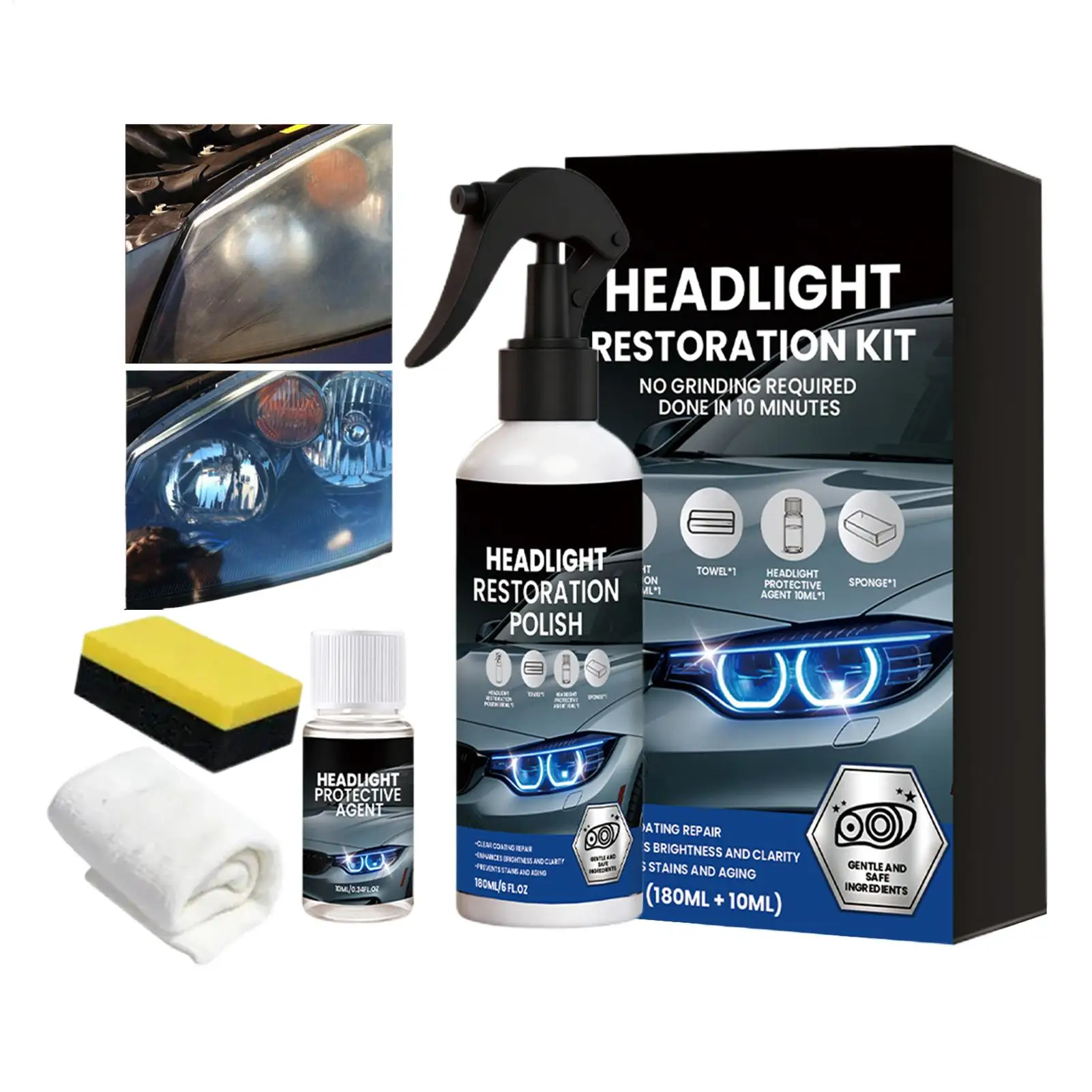 Headlight Restore Kit 180ml Yellowing Removal Fast-Acting Headlamp Coating Refurbishment Kit for Vehicles SUV RV Sedan Pickup