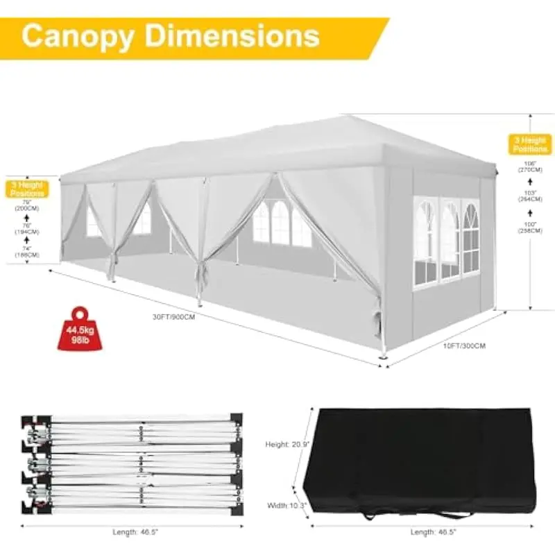 10x30 FT Waterproof Pop-Up Canopy Tent with 8 Adjustable Sidewalls – Zippered & Window Panels – Steel Frame with 3-Stage Height