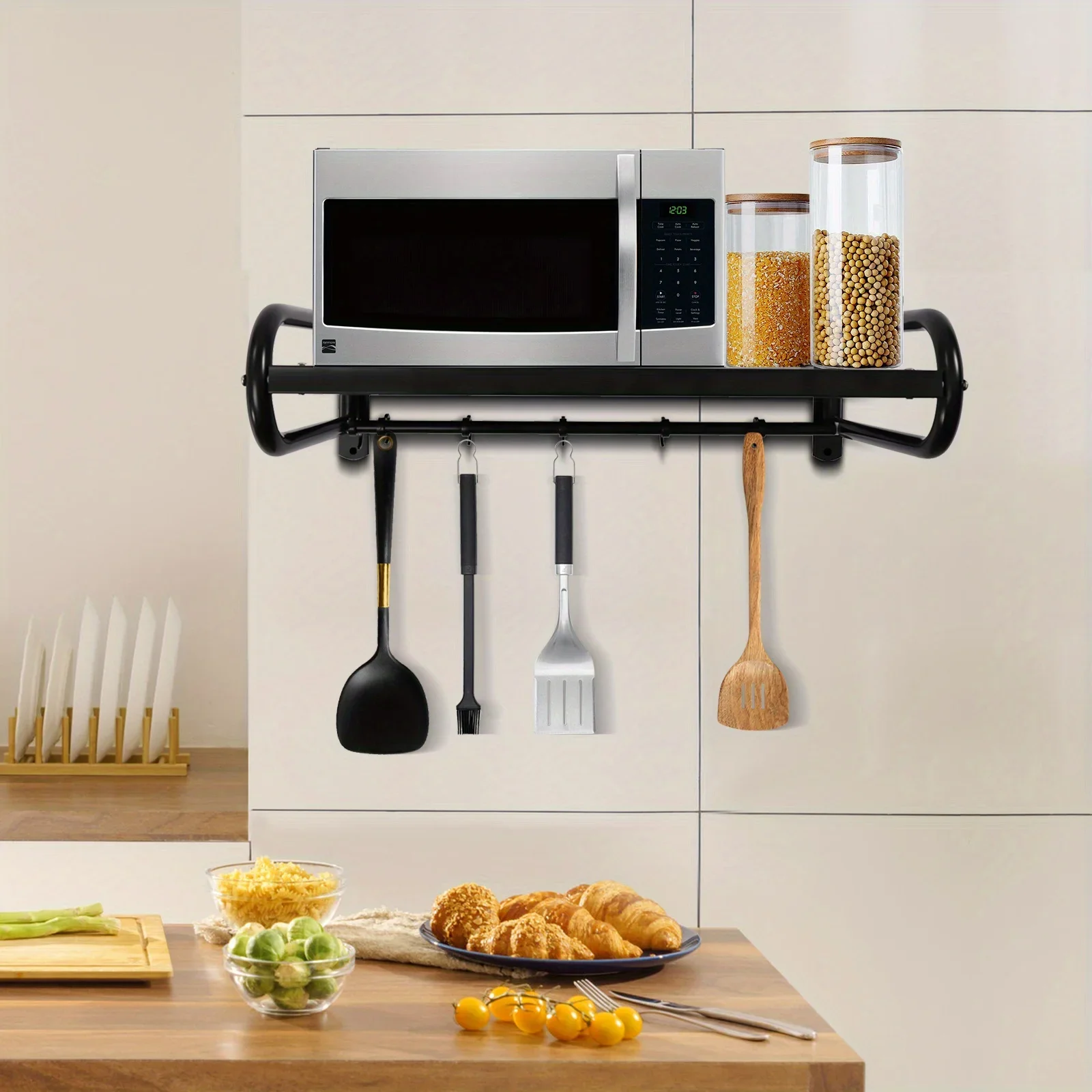 

[Carbon Steel Wall Shelf] 1 Carbon Steel Heavy Duty Wall Shelf - Space-Saving Microwave Shelf for Kitchen Bath Office