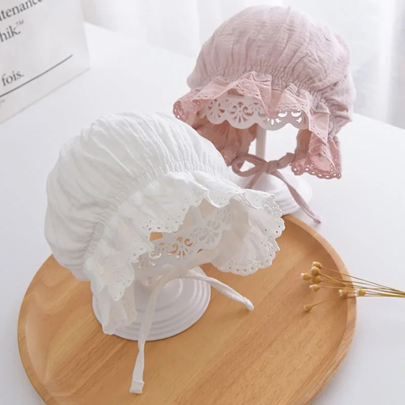 

Lace Ruffle Baby Girl Court Hat Soft Cotton Newborn Visors Solid Color Headwear Princess Infant Beanies Bonnet Photo Props Cap