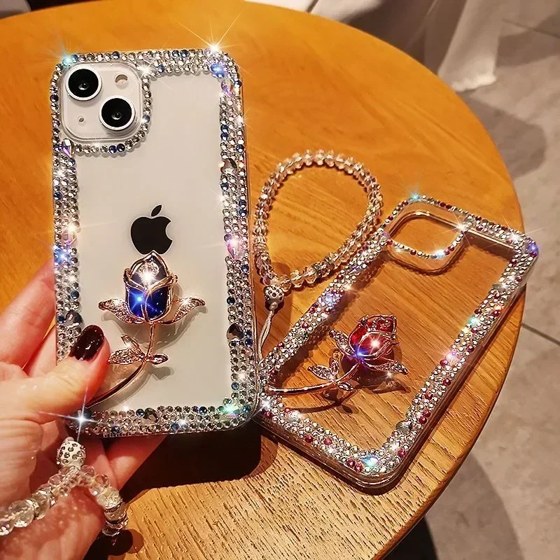 Diamond Bling Phone Cases for iPhone16 15Pro, 14Plus, 13 Pro, 12 Mini, 16Pro MAX, Rhinestone Cover, Glitter Rose