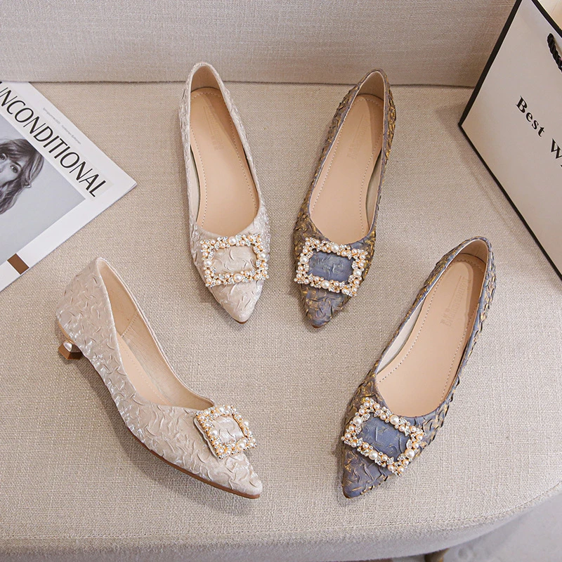 Ivory Textured Satin Pointed Toe Kitten Heel Pumps With Pearl Rhinestone Buckle Elegant Dress Shoes For Office Work Wedding