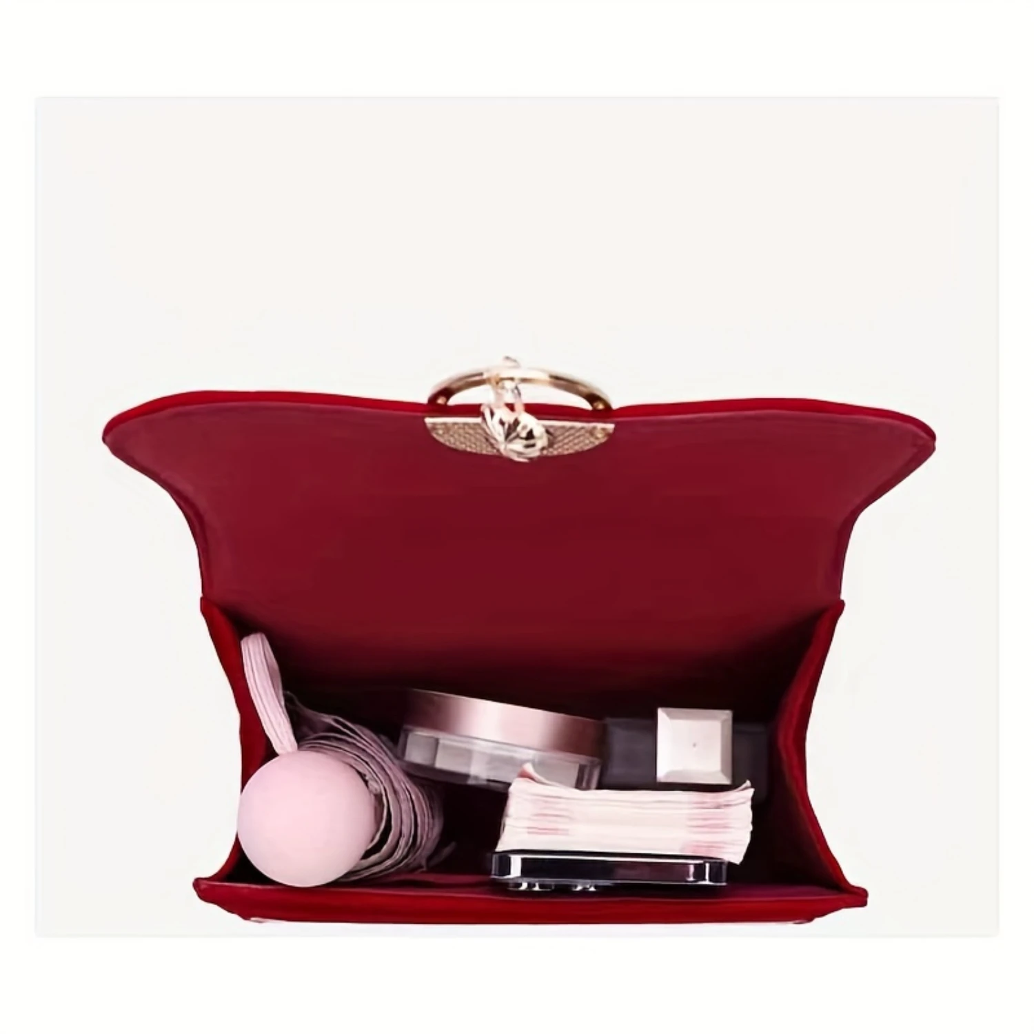 Red Velvet Bridal Clutch with Metal Ring, Pendant - Elegant Crossbody Shoulder Bag - Chic Velvet Marriage Accessory