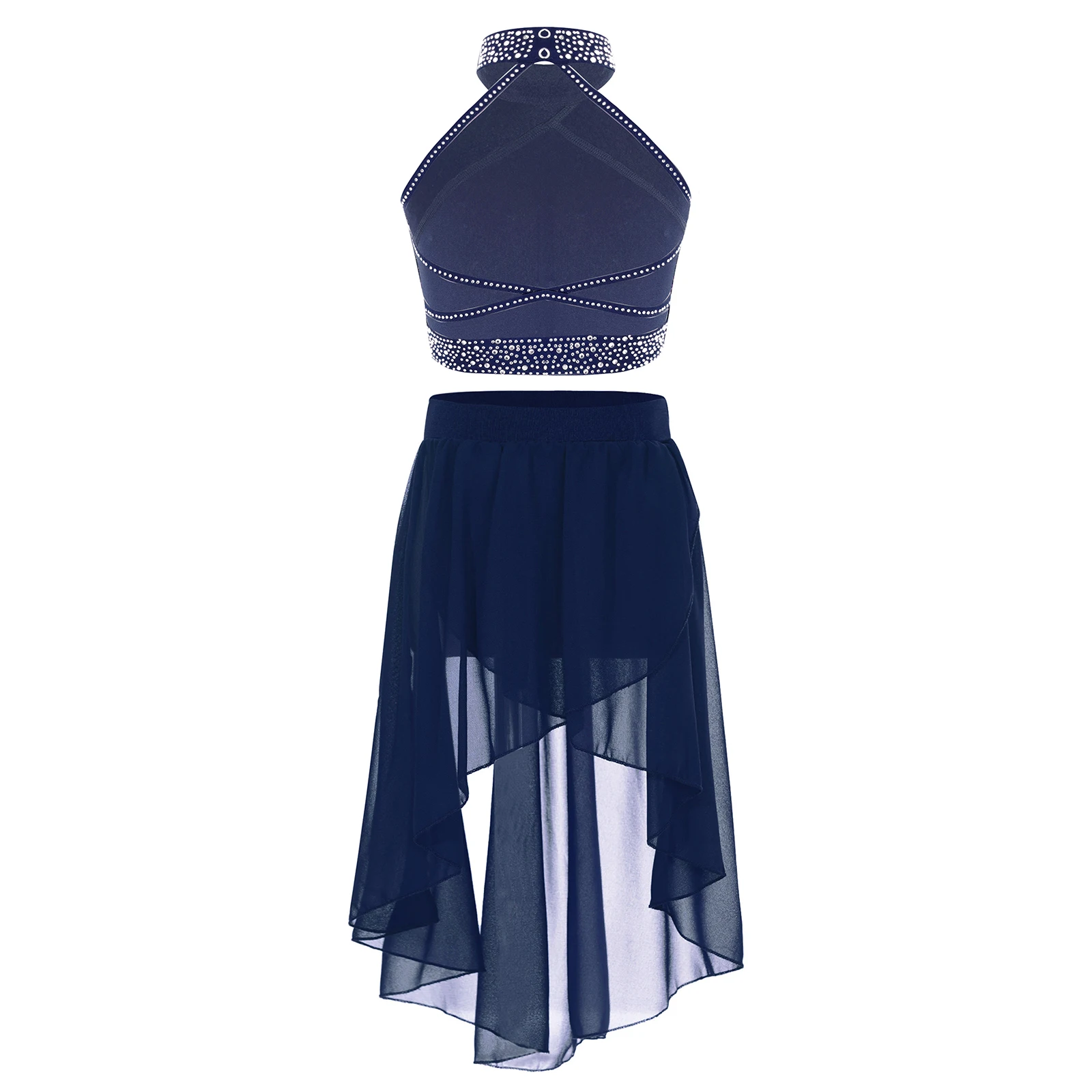 Dziecięce dziewczęce Rhinestone balet liryczna sukienka gimnastyka kostium do łyżwiarstwa figurowego kamizelka + nieregularny brzeg baleriny spódnica Tutu Dancewear — zdjęcie 3