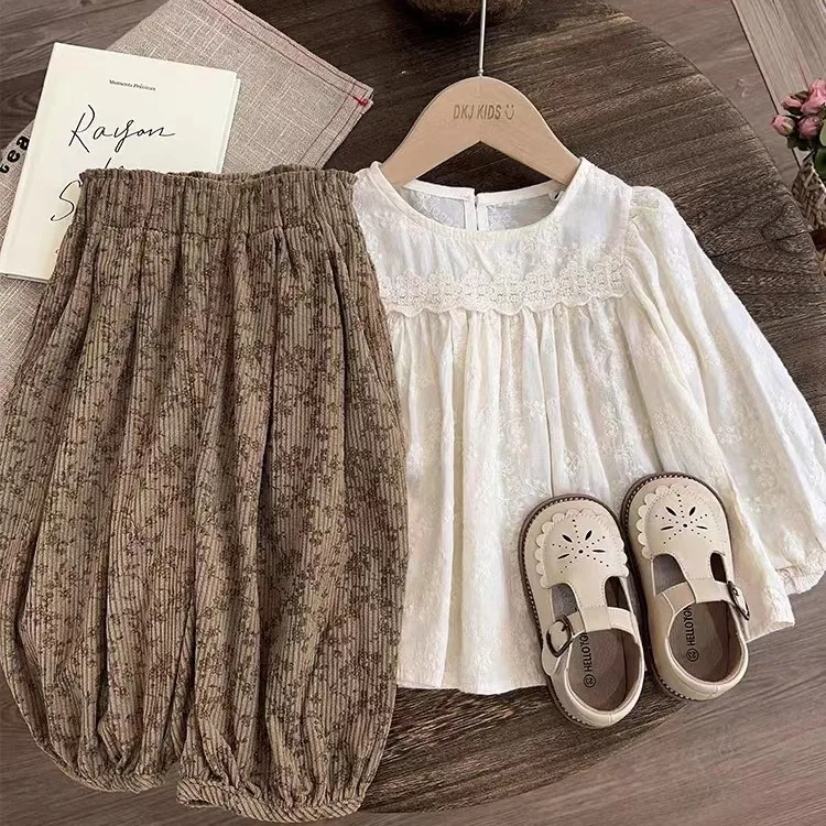 2025 Autumn and Spring New Girls' Set Forest Style Doll Shirt Top+ Floral Lantern Pants Two Piece Set for Girls Suits