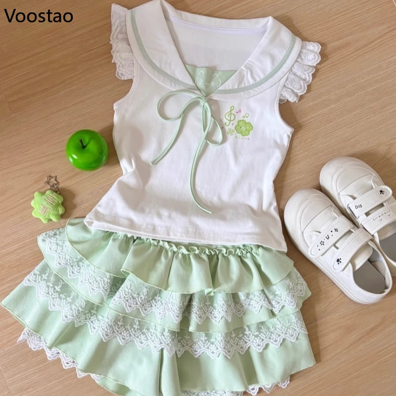 Japanese Sweet Lolita 2 Piece Sets Women Cute Sailor Collar Cartoon Print Lace T-shirts Tops Cake Mini Skirts Kawaii Y2k Outfits