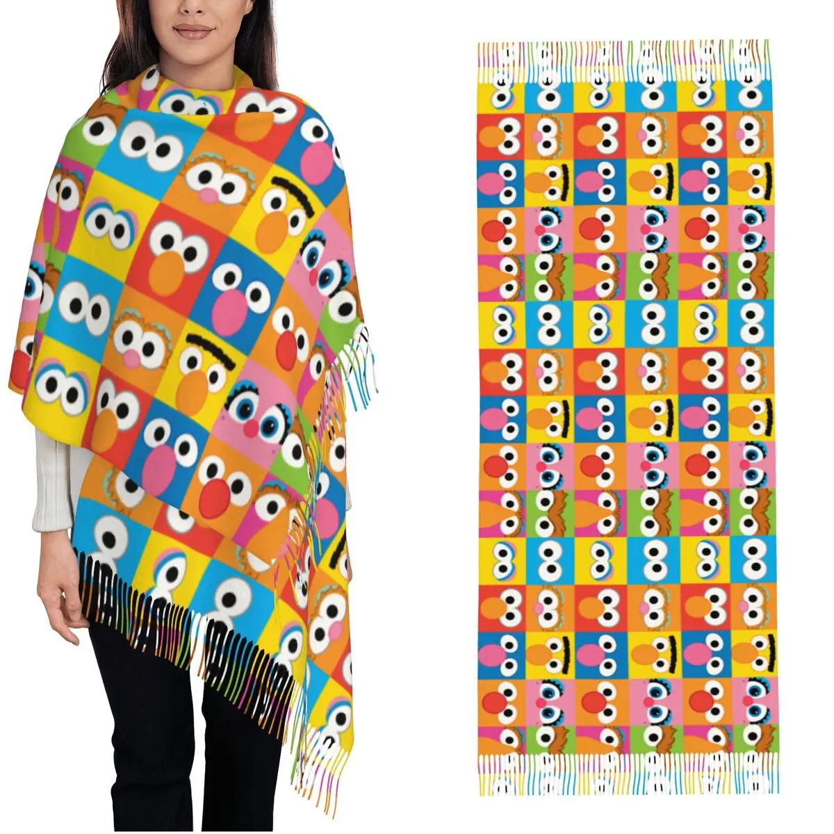 Sesame Street Character Eyes Shawl Wrap for Women Winter Large Long Scarf Cookie Monster Cartoon Pashmina Shawl Scarves