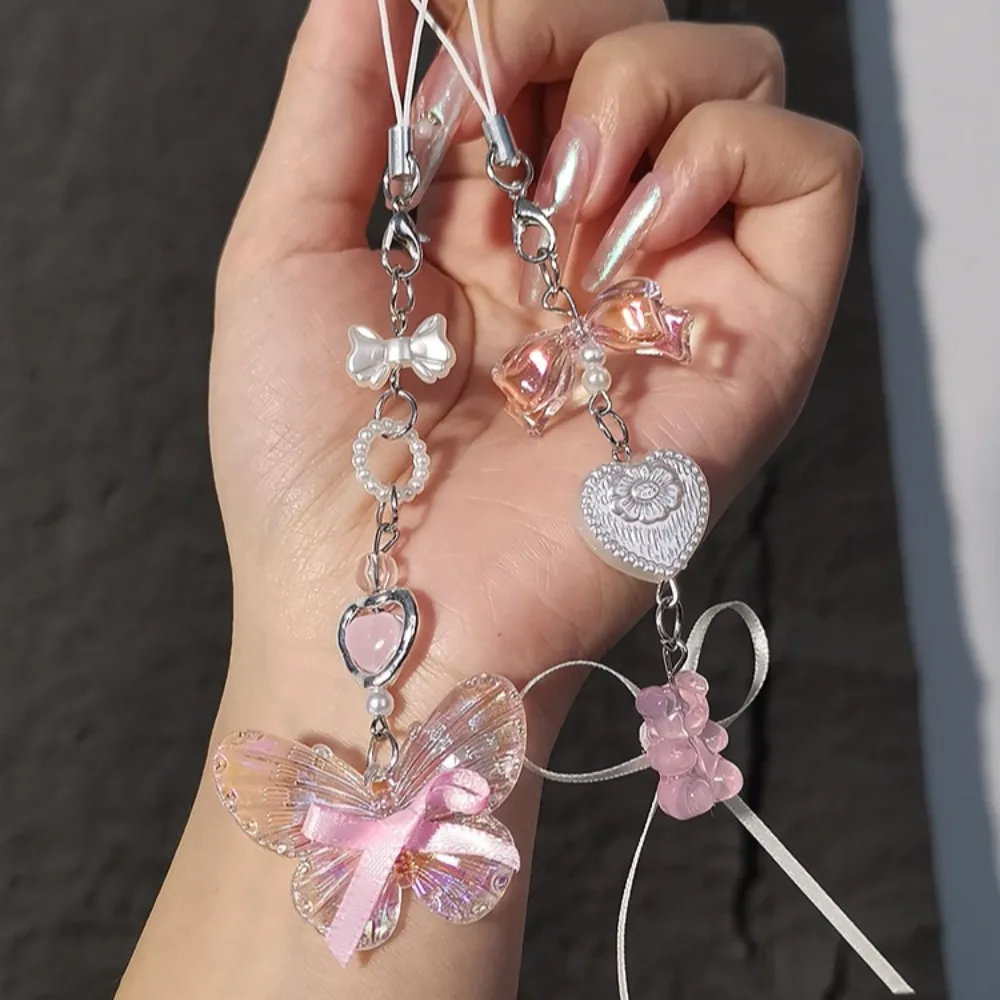

Fashion Love Pink Bead Bow Phone Lanyard Pendant Lovely Phone Chain For Girls Aesthetic Cellphone Keychain Mobile Phone Straps