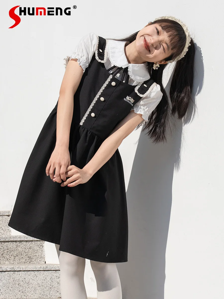 Japanese Preppy Style Sweet Cute Sleeveless Suspender Dress Women Summer Cat Letter Print Loose Waist A-line Short Black Dress