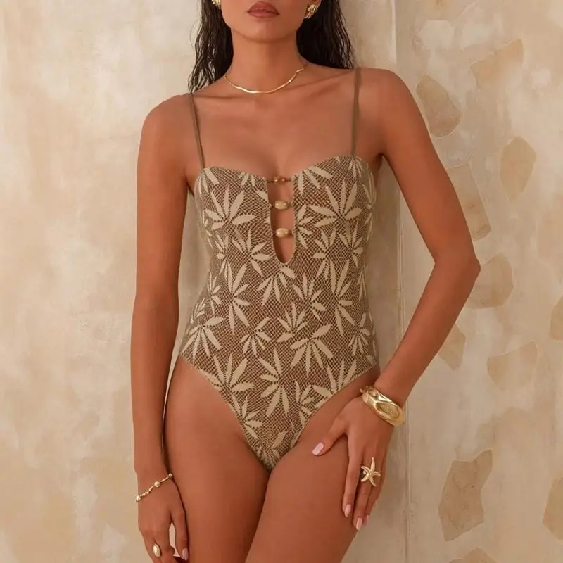 U2JB Stylish Women's Conjoined Bathing Suit Feature High Cut Legs Spaghetti Straps