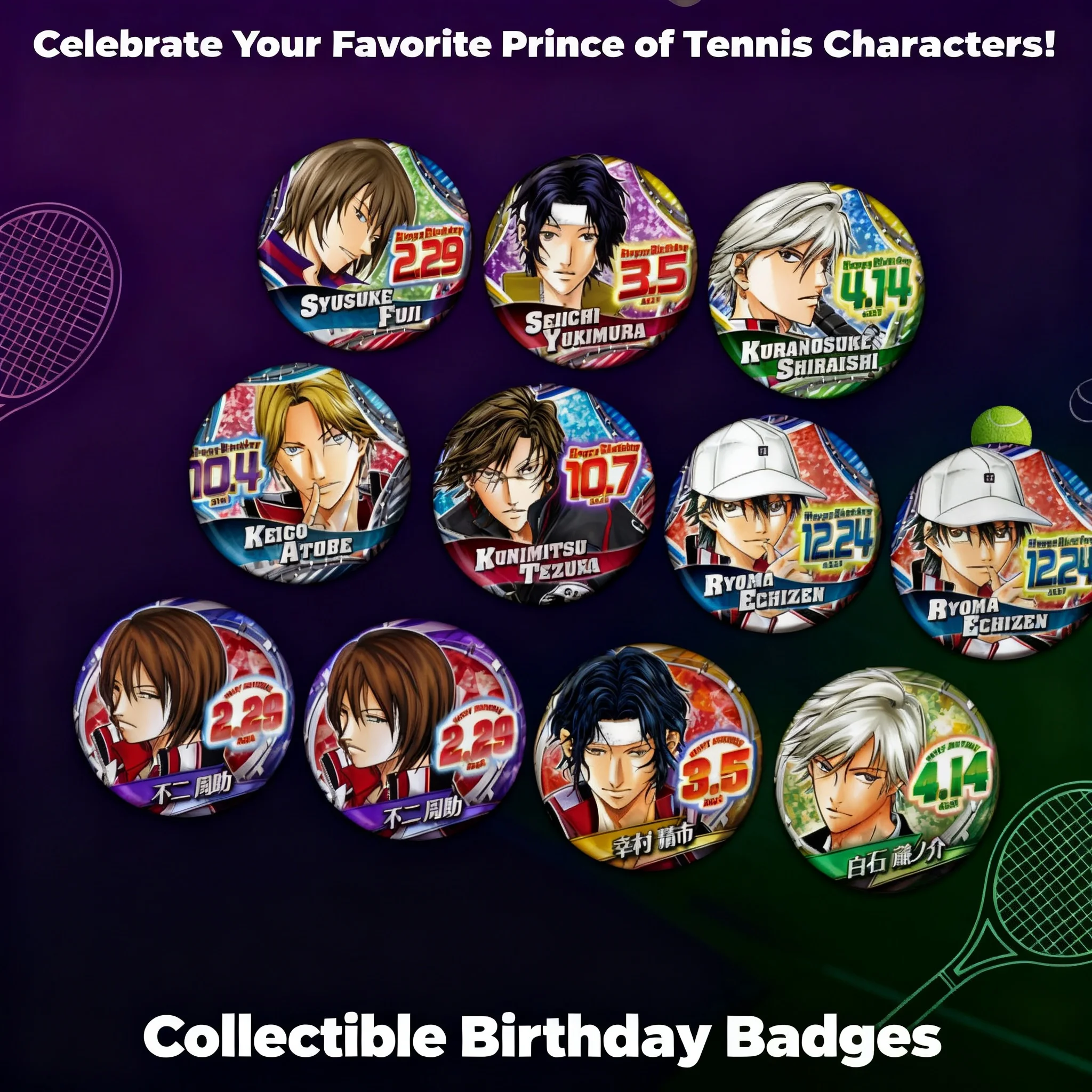 

New Prince of Tennis Anime Merchandise Badge Pin Birthday Souvenir Not Byakuya Echizen Ryoma Tezuka Kunimitsu Atobe Keigo