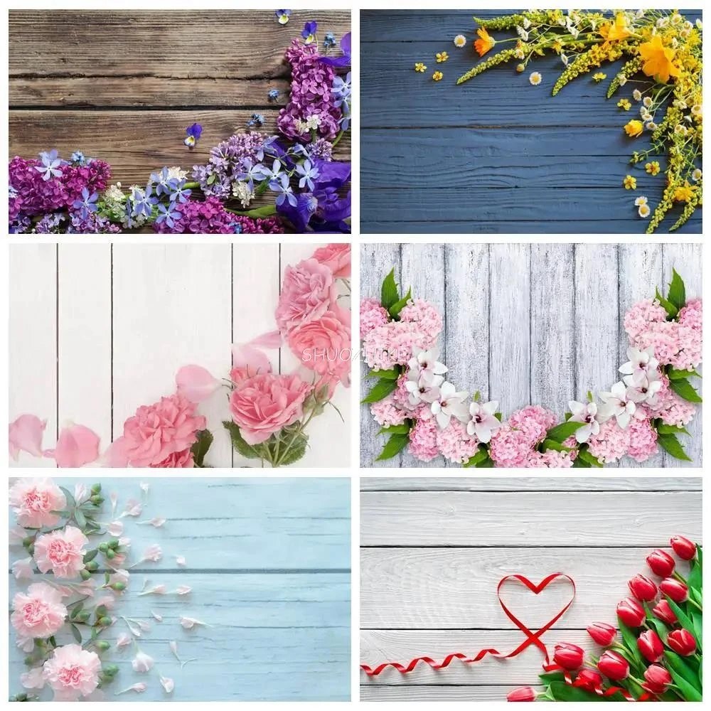 

Floral Wood Food Product Photography Backdrop for Photoshoot Wooden Board Subject Photo Background Flower Wall Photozone