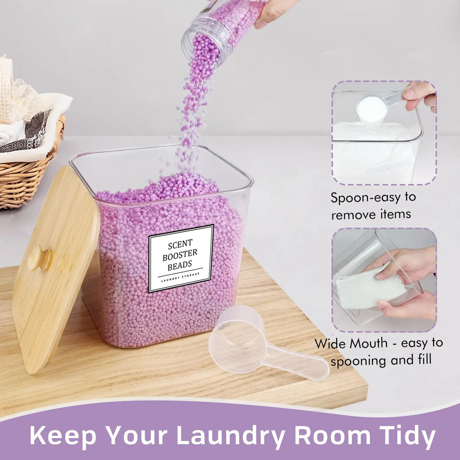 2+1 Pack Laundry Pods Storage Container, Clear Laundry Room Organization and Storage, Detergent Powder Container, with Wooden Lids & Labels