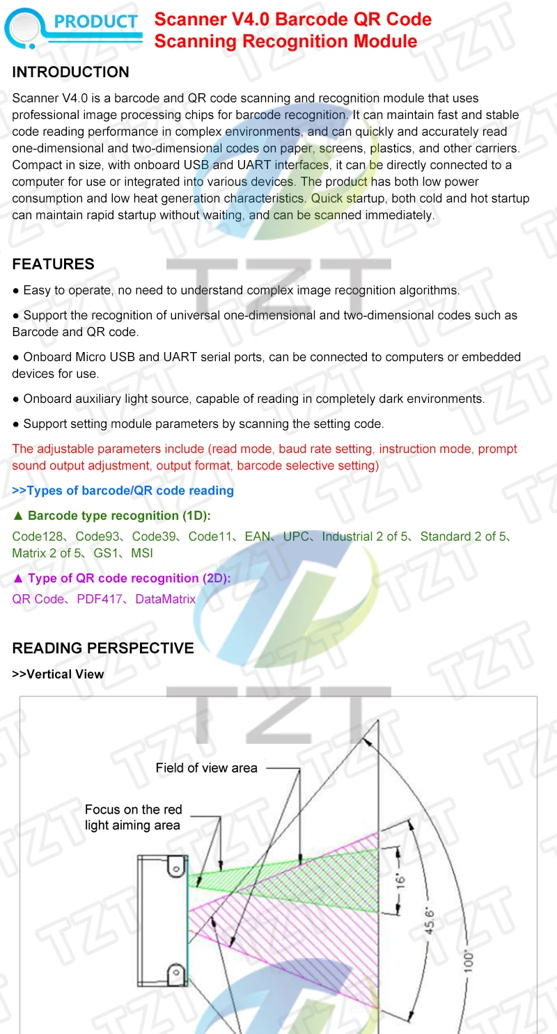 TZT QR/1D/2D/Code-Scanner V4.0 Barcode-Erkennungsmodul mit Serieller Kommunikation UART-Schnittstelle USB-Tastatureingabe – Detail 1