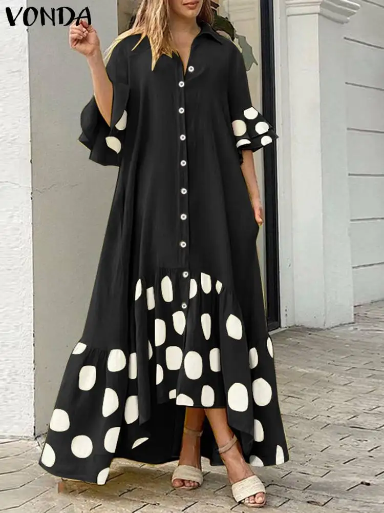 VONDA Bohemian Printed Dress Women Ruffle Maxi Long Dress 2024 Fashion Button Polka Dot Patchwork Sundress Casual Loose Vestido