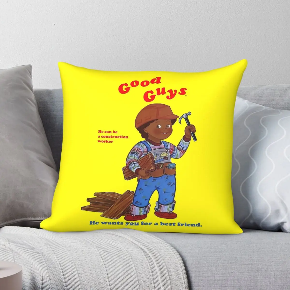 Child's Play Good Guy Worker Square Pillowcase Polyester Linen Velvet Pattern Zip Decorative Pillow Home Cushion Cover Wholesale