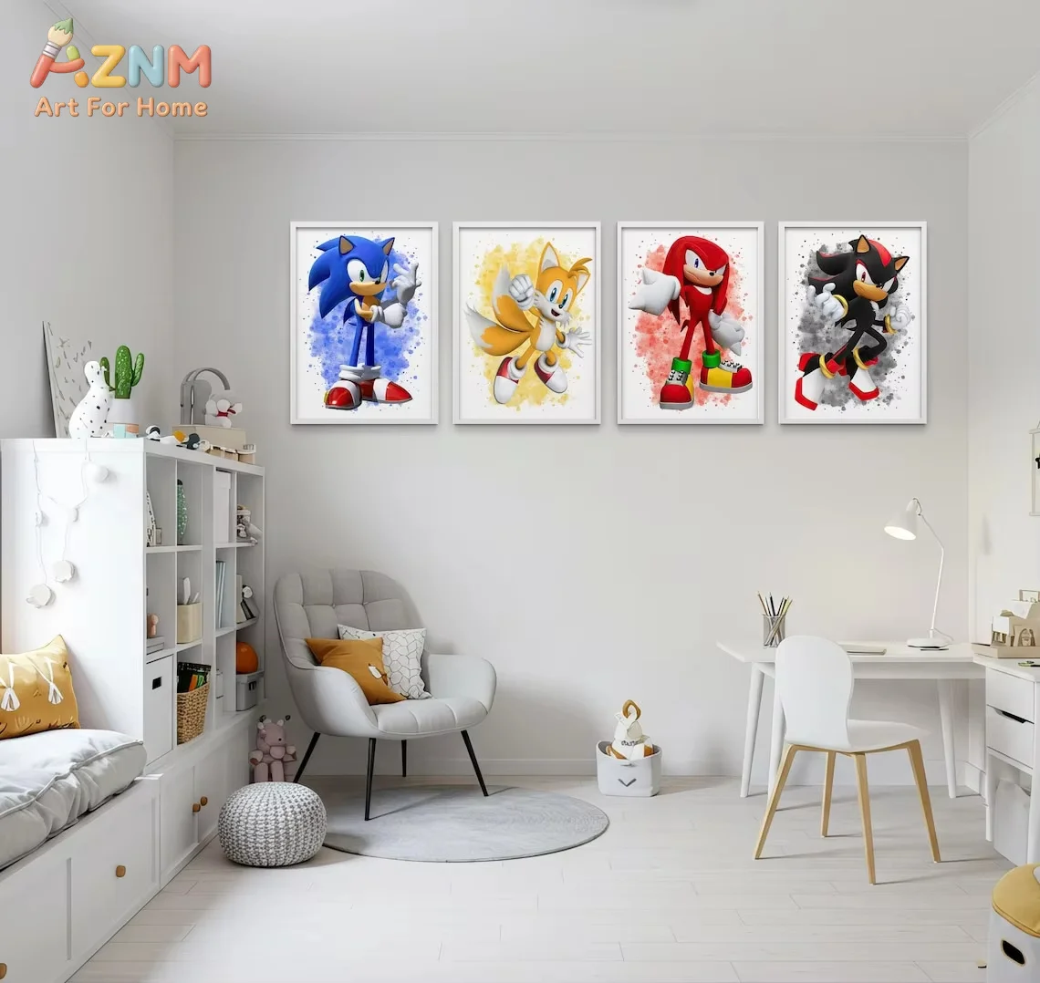 AZNM Sonic the Hedgehog Wall Art Sonic Poster Bundle | Kids Room Decor | Sonic, Tails, Knuckles, Shadow | Sonic Gifts | So