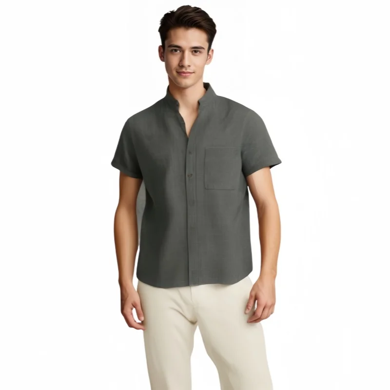 Summer Men's Solid Color Stand Up Collar Shirt Top Oversized Fashion Casual Short Sleeve Slim Fit Pocket Shirt