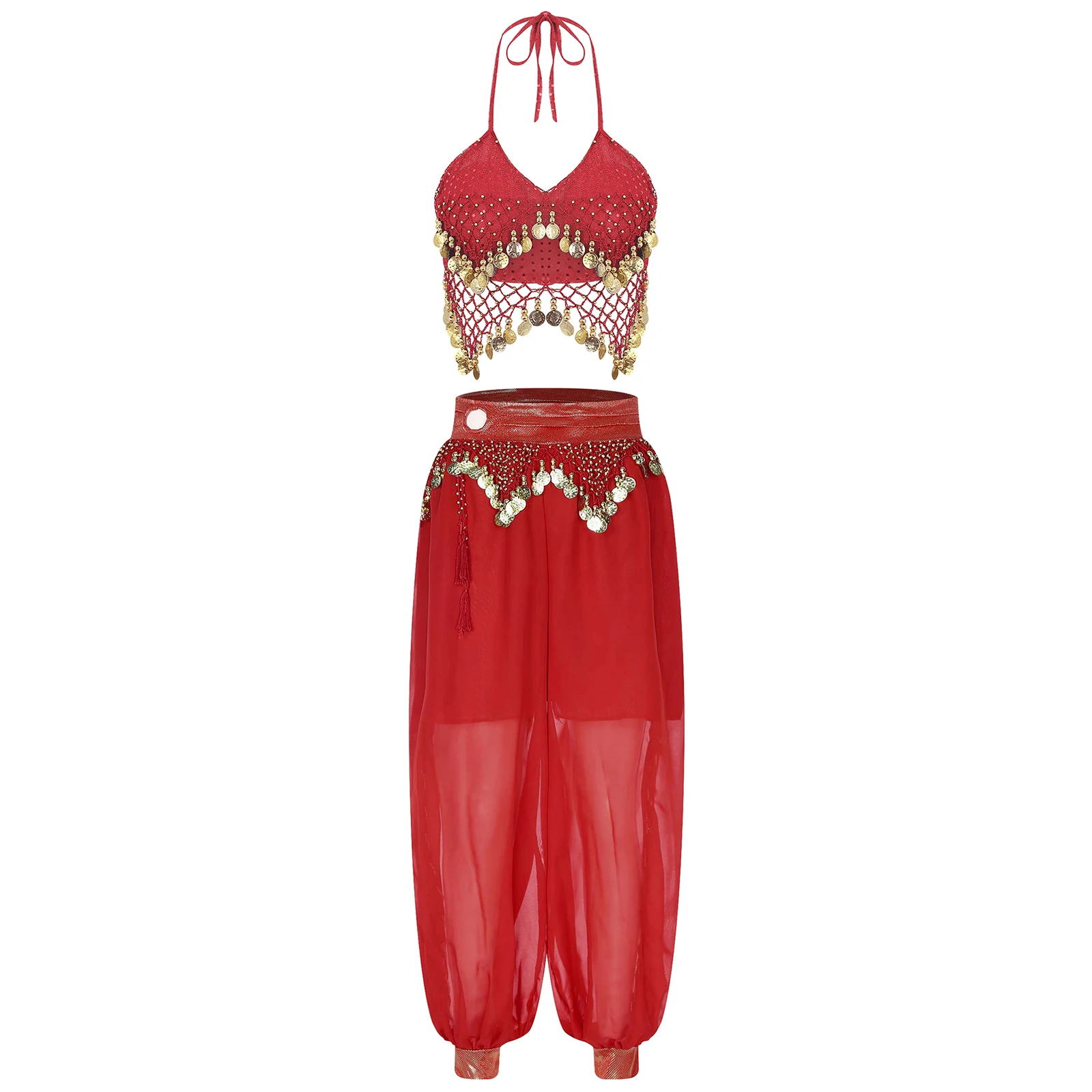 Women Sequins Belly Dance Costume Halter Neck Plastic Beads Crisp Tassel Lace-up Dance Crop Top And Side Split Loose Pants Set